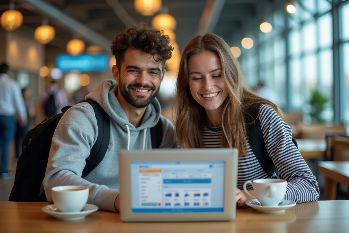 Couple de voyageurs consultant le site de réservation Transavia sur un ordinateur portable dans un café d'aéroport