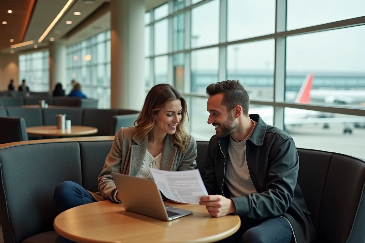 Couple de voyageurs dans un salon VIP d'aéroport consultant leur itinéraire de vol Etihad