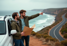Temps pour parcourir la côte australienne en voiture : itinéraire et durée recommandée Couple souriant devant un SUV sur une falaise australienne