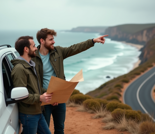 Temps pour parcourir la côte australienne en voiture : itinéraire et durée recommandée Couple souriant devant un SUV sur une falaise australienne