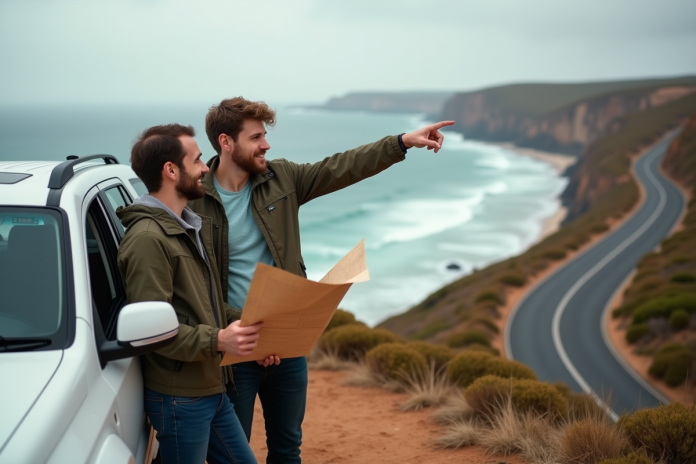 Couple souriant devant un SUV sur une falaise australienne