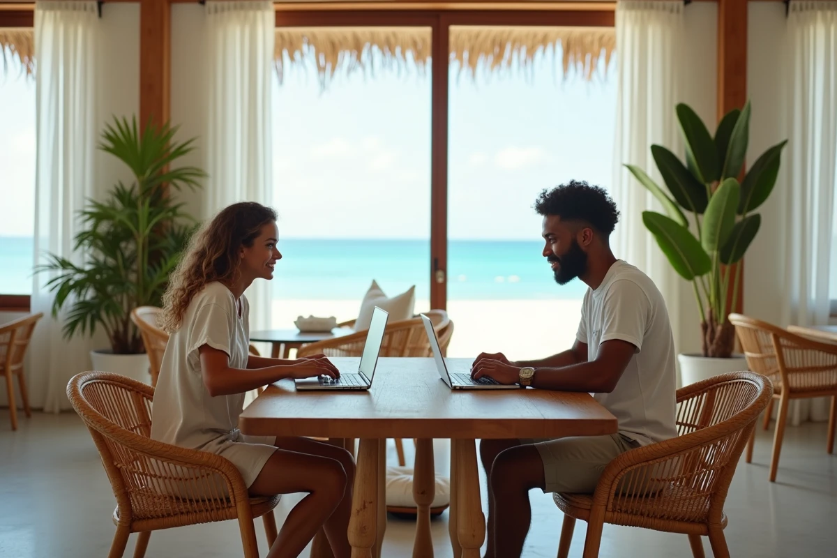 Couple en télétravail dans un espace de coworking de luxe en bord de plage en Guadeloupe