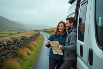 Couple devant un van aménagé sur une route de campagne irlandaise avec des collines vertes en arrière-plan