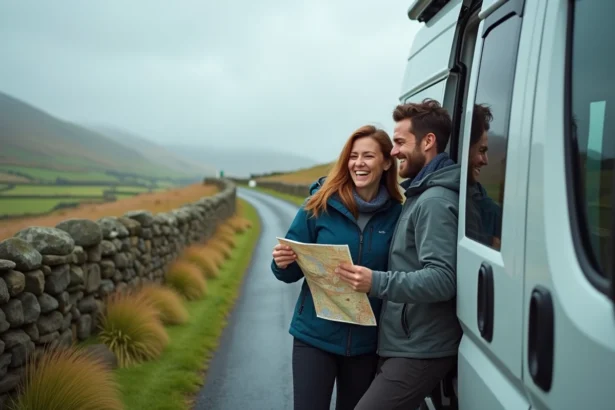 Couple devant un van aménagé sur une route de campagne irlandaise avec des collines vertes en arrière-plan
