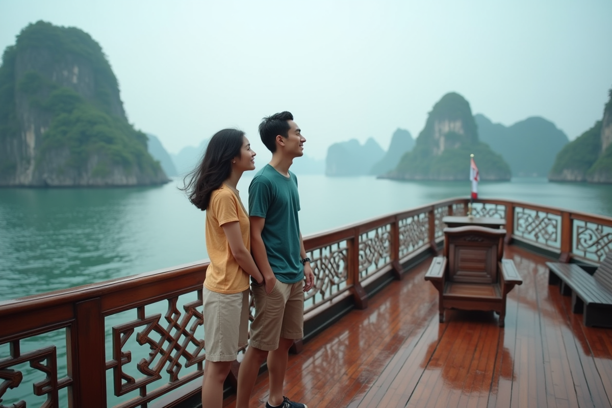 Jeune couple vietnamien sur un bateau à Halong Bay