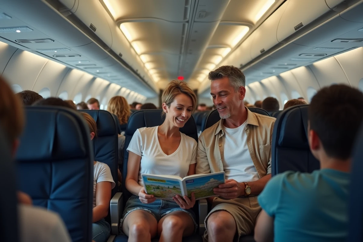 Couple en avion consultant un guide de voyage vers la République Dominicaine pendant le vol avec escale