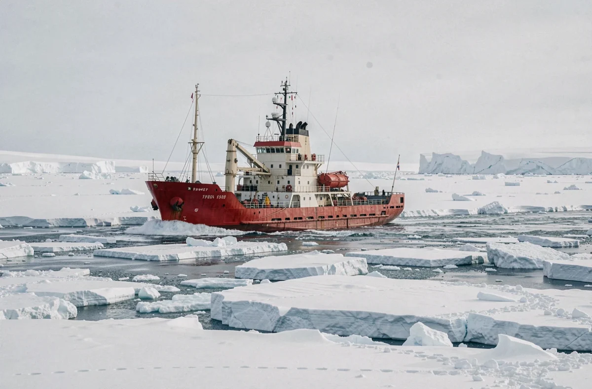 Bateau d'expédition à coque rouge naviguant dans les glaces arctiques du pôle Nord