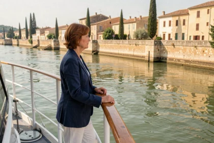 Femme en blazer marine debout à la proue d'un bateau de croisière fluviale sur le Rhône à Arles