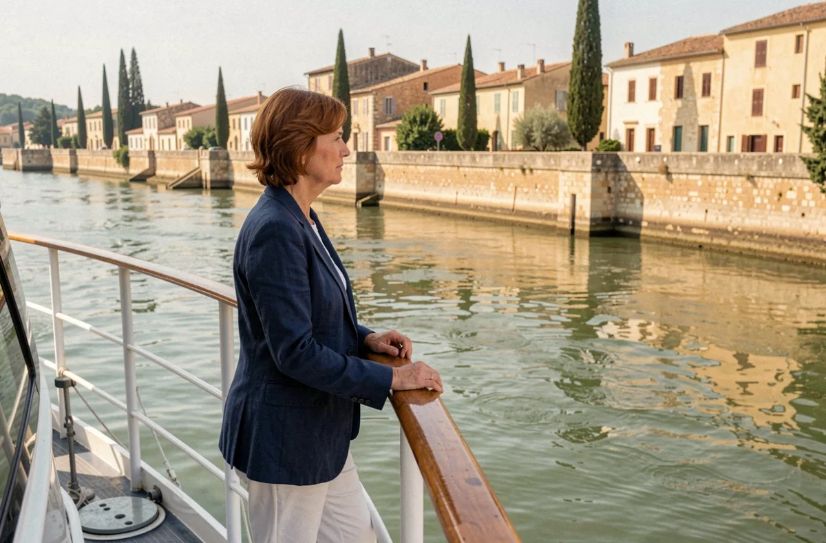 Femme en blazer marine debout à la proue d'un bateau de croisière fluviale sur le Rhône à Arles