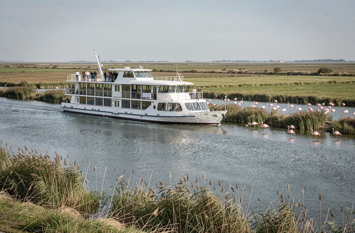 Bateau de croisière fluviale naviguant près d'Aigues-Mortes dans le canal avec des flamants roses en Camargue