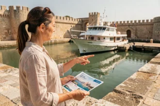 Femme consultant une brochure de croisière sur le quai d'Aigues-Mortes avec un bateau de croisière amarré en arrière-plan
