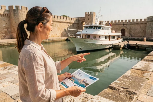 Femme consultant une brochure de croisière sur le quai d'Aigues-Mortes avec un bateau de croisière amarré en arrière-plan