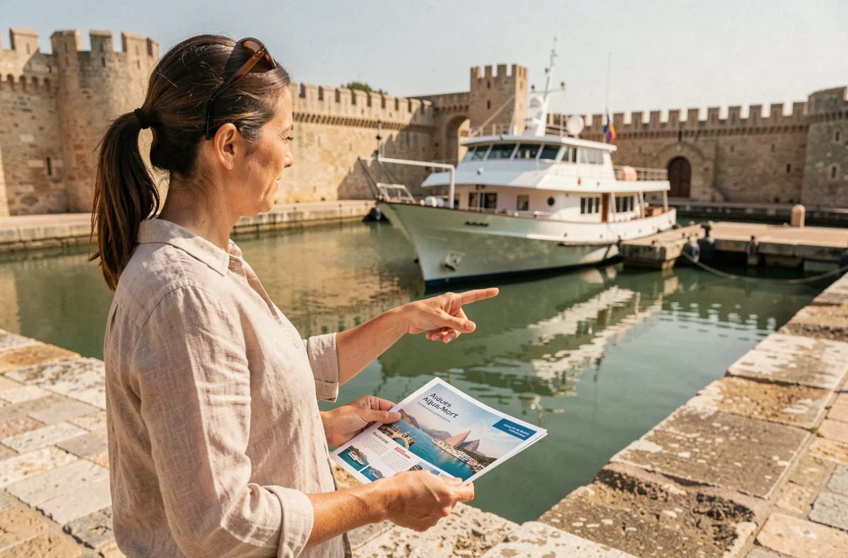Femme consultant une brochure de croisière sur le quai d'Aigues-Mortes avec un bateau de croisière amarré en arrière-plan
