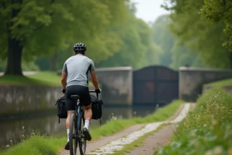 Cycliste chargé de bagages longeant le Canal de Nantes à Brest sur une voie verte ombragée en Bretagne