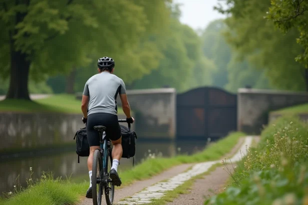 Cycliste chargé de bagages longeant le Canal de Nantes à Brest sur une voie verte ombragée en Bretagne