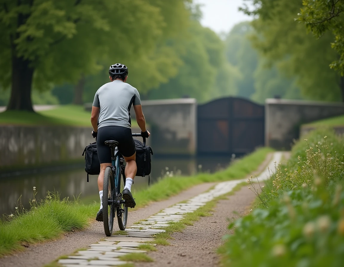 Cycliste chargé de bagages longeant le Canal de Nantes à Brest sur une voie verte ombragée en Bretagne