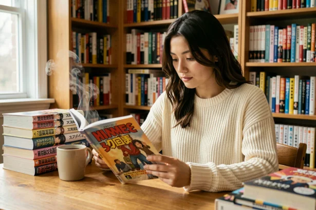 Jeune femme lisant un manga à son bureau entouré de livres, illustration d'une débutante découvrant l'univers de Zinchan