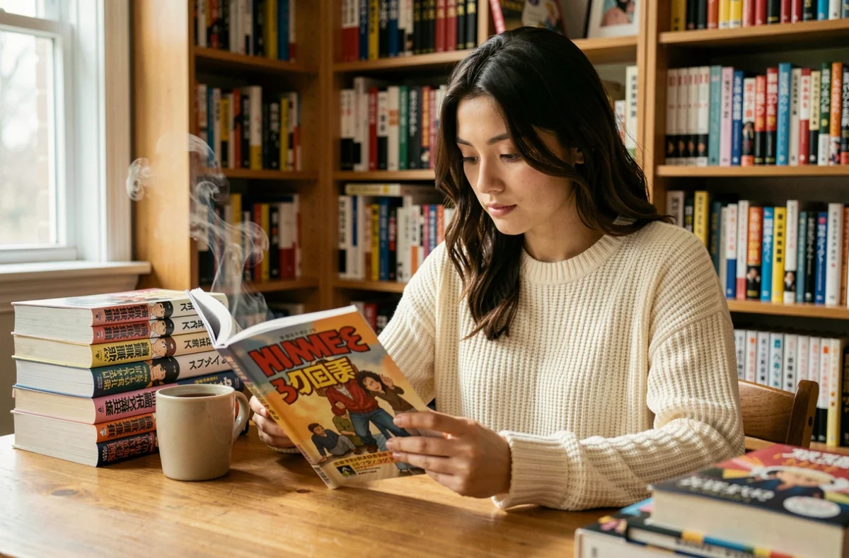 Jeune femme lisant un manga à son bureau entouré de livres, illustration d'une débutante découvrant l'univers de Zinchan