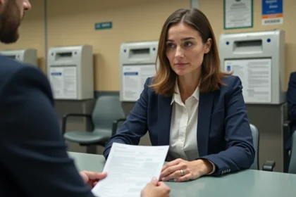 Femme déposant une demande de passeport à un guichet administratif en préfecture