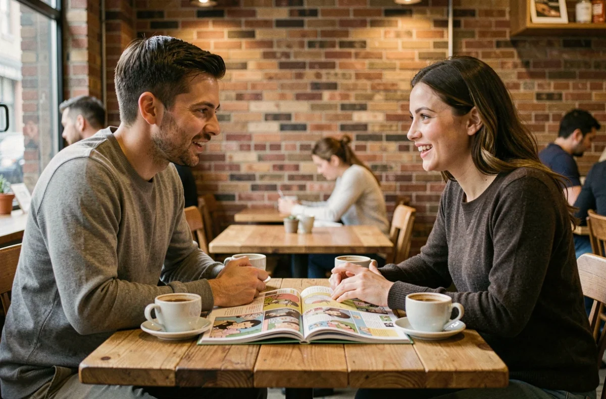 Deux adultes discutant d'un manga dans un café, évoquant la découverte et l'initiation à l'univers de Zinchan