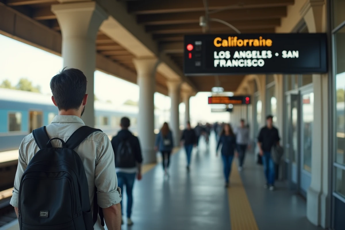 Voyageur attendant le train Amtrak en gare pour le trajet Los Angeles San Francisco en Californie