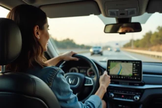 Femme conduisant sur l'autoroute entre Los Angeles et San Francisco avec GPS affiché sur tableau de bord