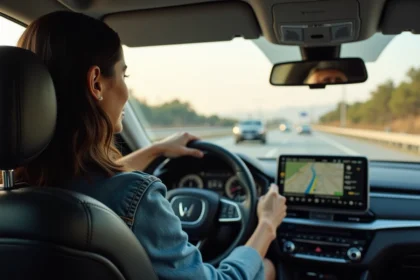 Femme conduisant sur l'autoroute entre Los Angeles et San Francisco avec GPS affiché sur tableau de bord
