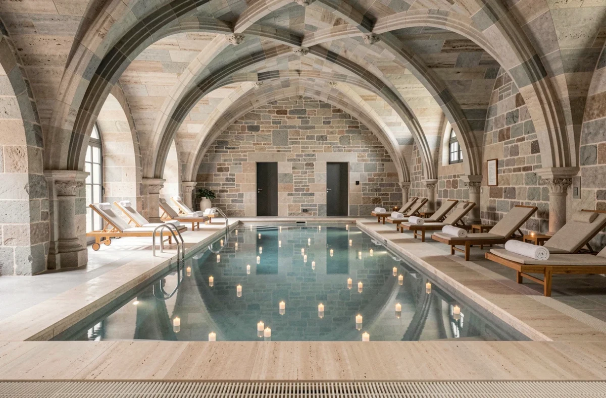 Piscine intérieure spa du Domaine de la Chartreuse près de Boulogne-sur-Mer avec plafond voûté en pierre
