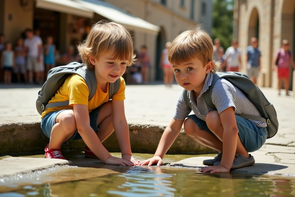 Enfants jouant près d'une fontaine en pierre dans le village de Gordes pendant les vacances en famille