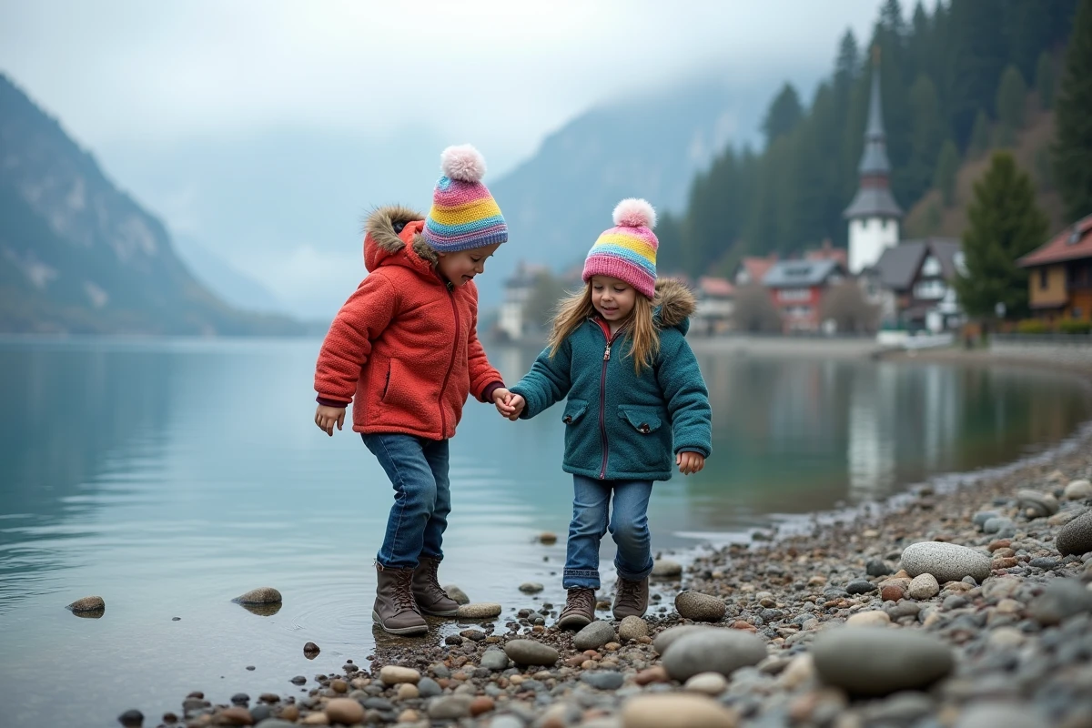 Enfants lançant des pierres sur le rivage de Hallstatt