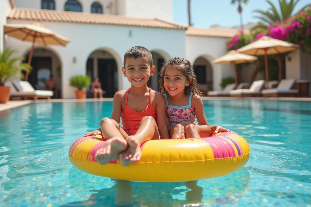Deux enfants jouant dans la piscine d'un complexe touristique à Hammamet en Tunisie