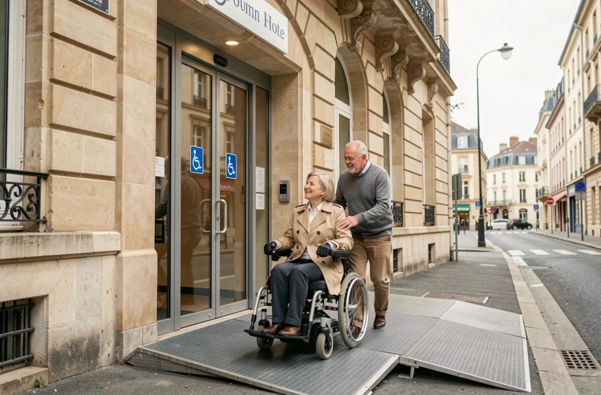 Entrée accessible PMR d'un hôtel au centre-ville de Dijon avec rampe d'accès et couple dont une personne en fauteuil roulant motorisé