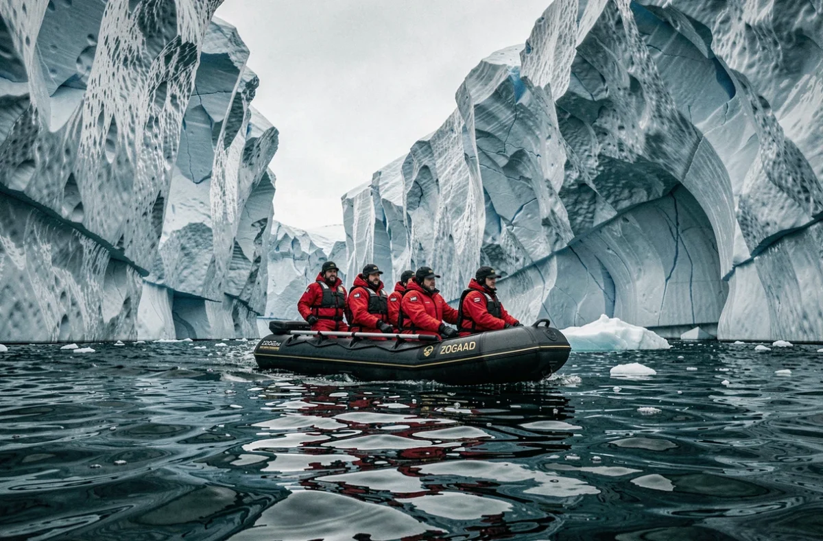 Excursion en zodiac entre les icebergs arctiques lors d'une croisière expédition vers le pôle Nord