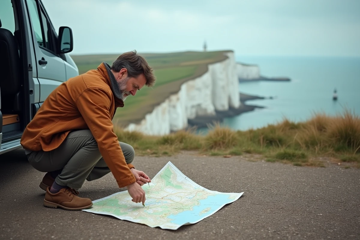 Voyageur solitaire consultant une carte sur une falaise déserte de Normandie lors d'un road trip en van