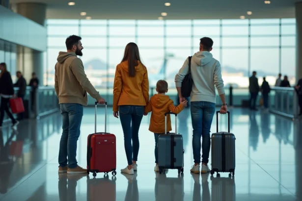Famille de quatre personnes avec bagages dans un terminal d'aéroport international avant un vol Delta vers New York ou Miami