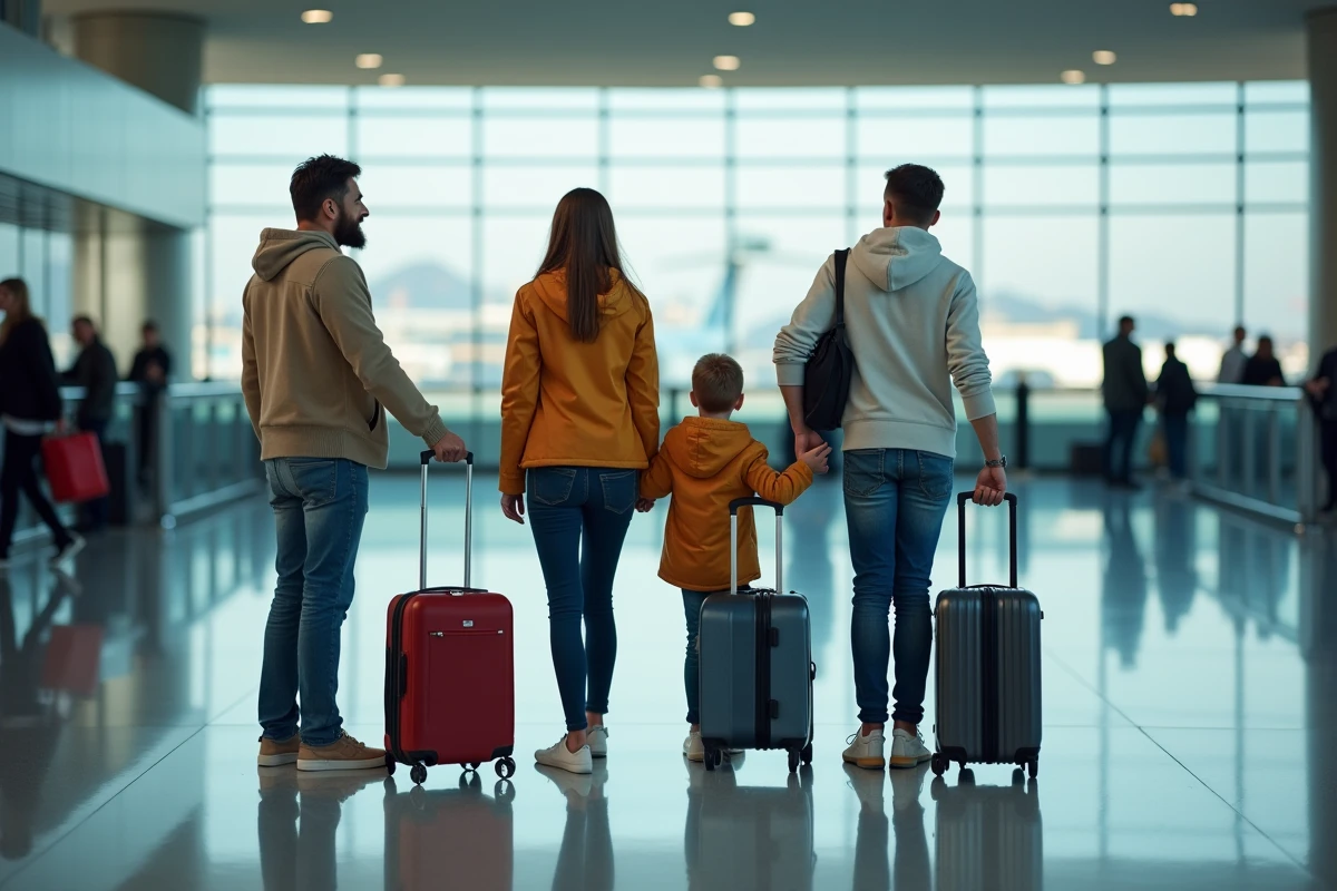 Famille de quatre personnes avec bagages dans un terminal d'aéroport international avant un vol Delta vers New York ou Miami