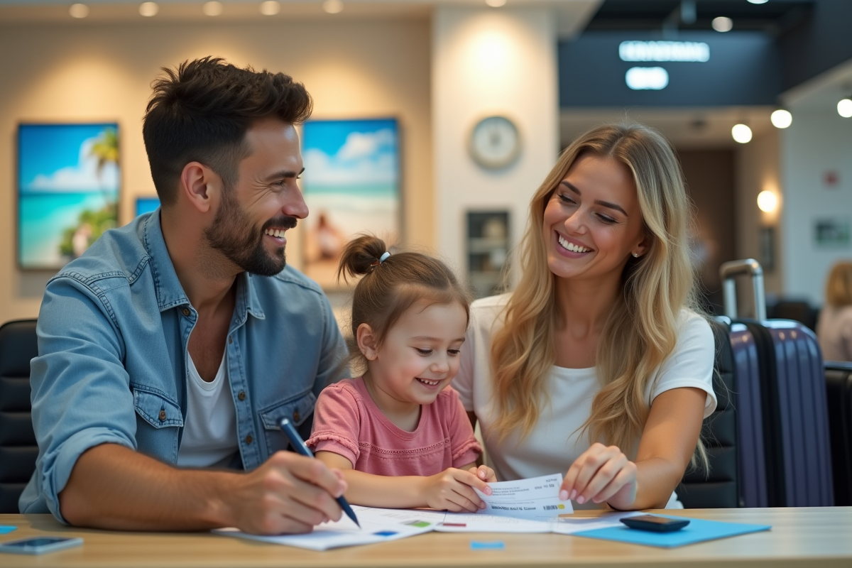 Famille recevant des chèques vacances à l