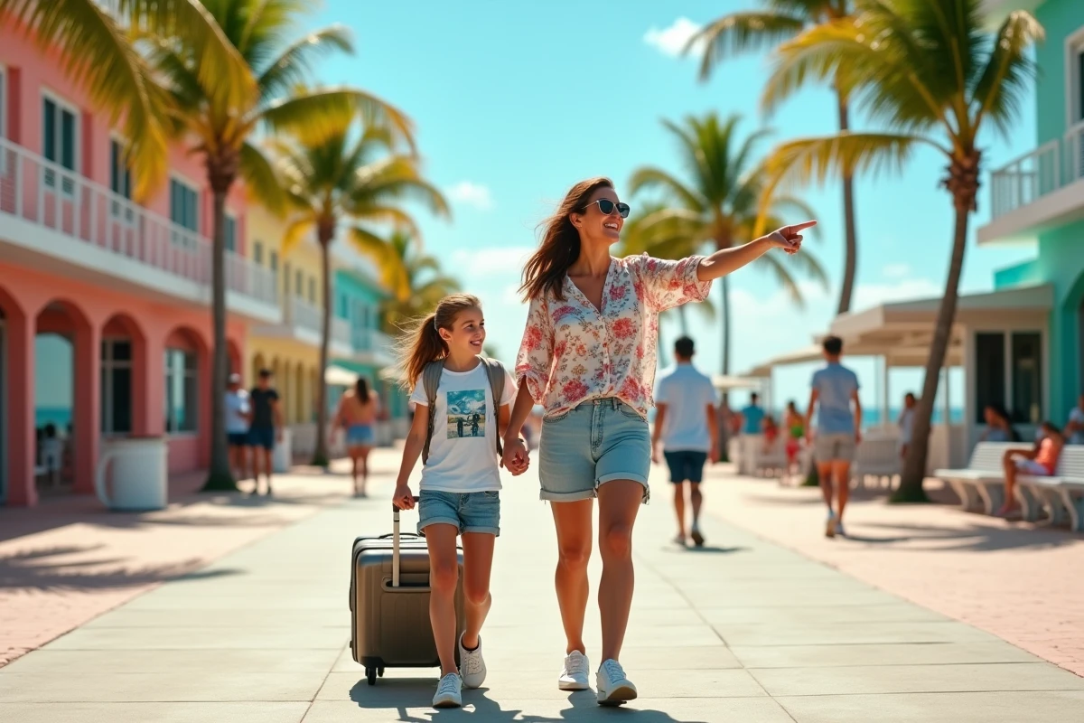 Mère et fille arrivant à Miami Beach sur la promenade avec bagages lors d'un voyage en famille aux États-Unis