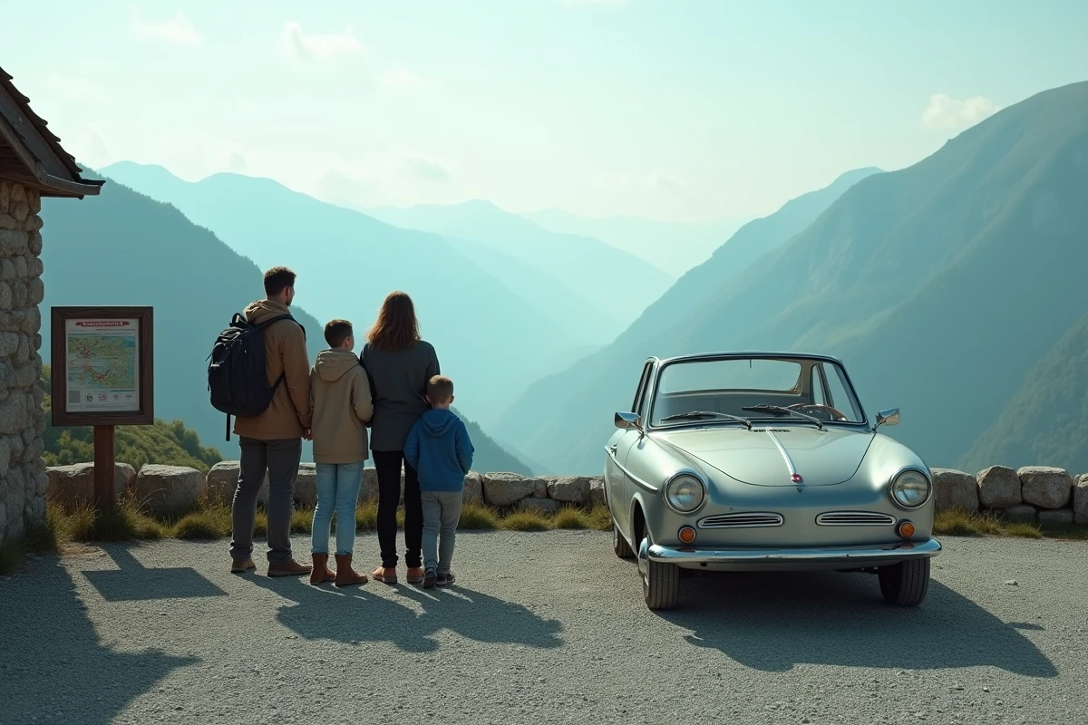 Famille observant le panorama alpin depuis un belvédère du Col du Petit-Saint-Bernard avec panneau d'itinéraires alternatifs