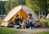 Camping 3 étoiles en France : critères pour bien choisir Famille avec enfants et chien devant tente en camping en France