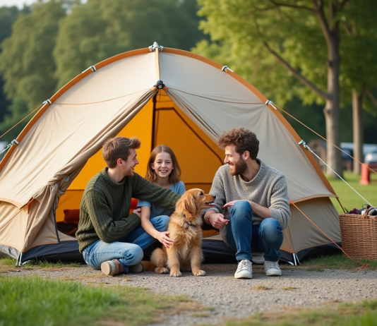Famille avec enfants et chien devant tente en camping en France