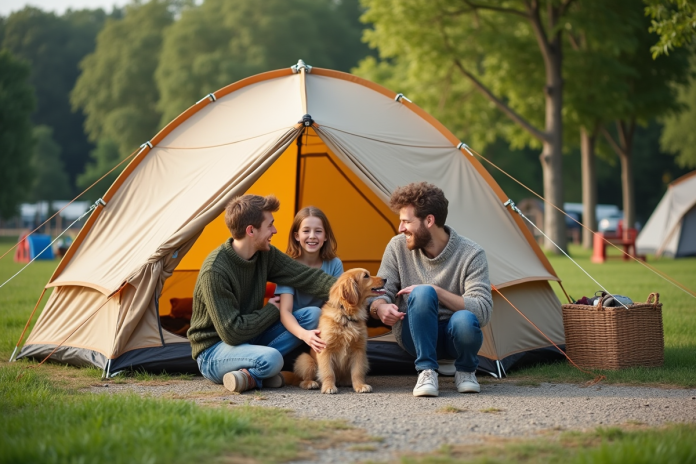 Famille avec enfants et chien devant tente en camping en France