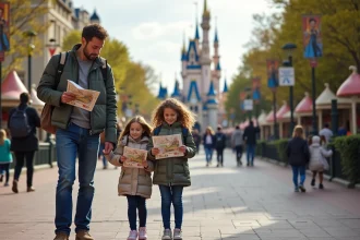 Famille devant le château de EuroDisney Paris