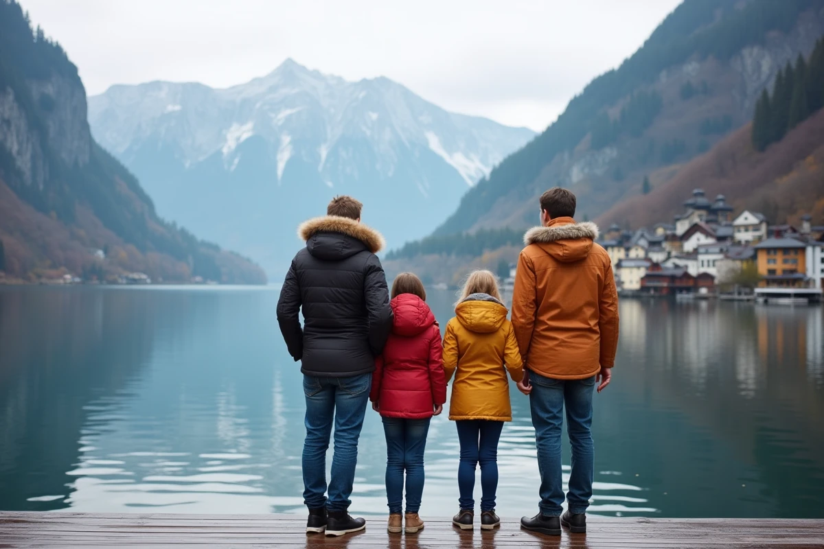 Famille devant le lac de Hallstatt avec maisons pastel