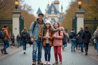 Famille souriante devant l'entrée d'un parc d'attractions à Paris