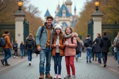 Famille souriante devant l'entrée d'un parc d'attractions à Paris