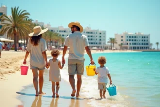 Famille tunisienne se promenant pieds nus sur une plage méditerranéenne à proximité d'une station balnéaire en Tunisie
