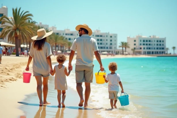 Famille tunisienne se promenant pieds nus sur une plage méditerranéenne à proximité d'une station balnéaire en Tunisie