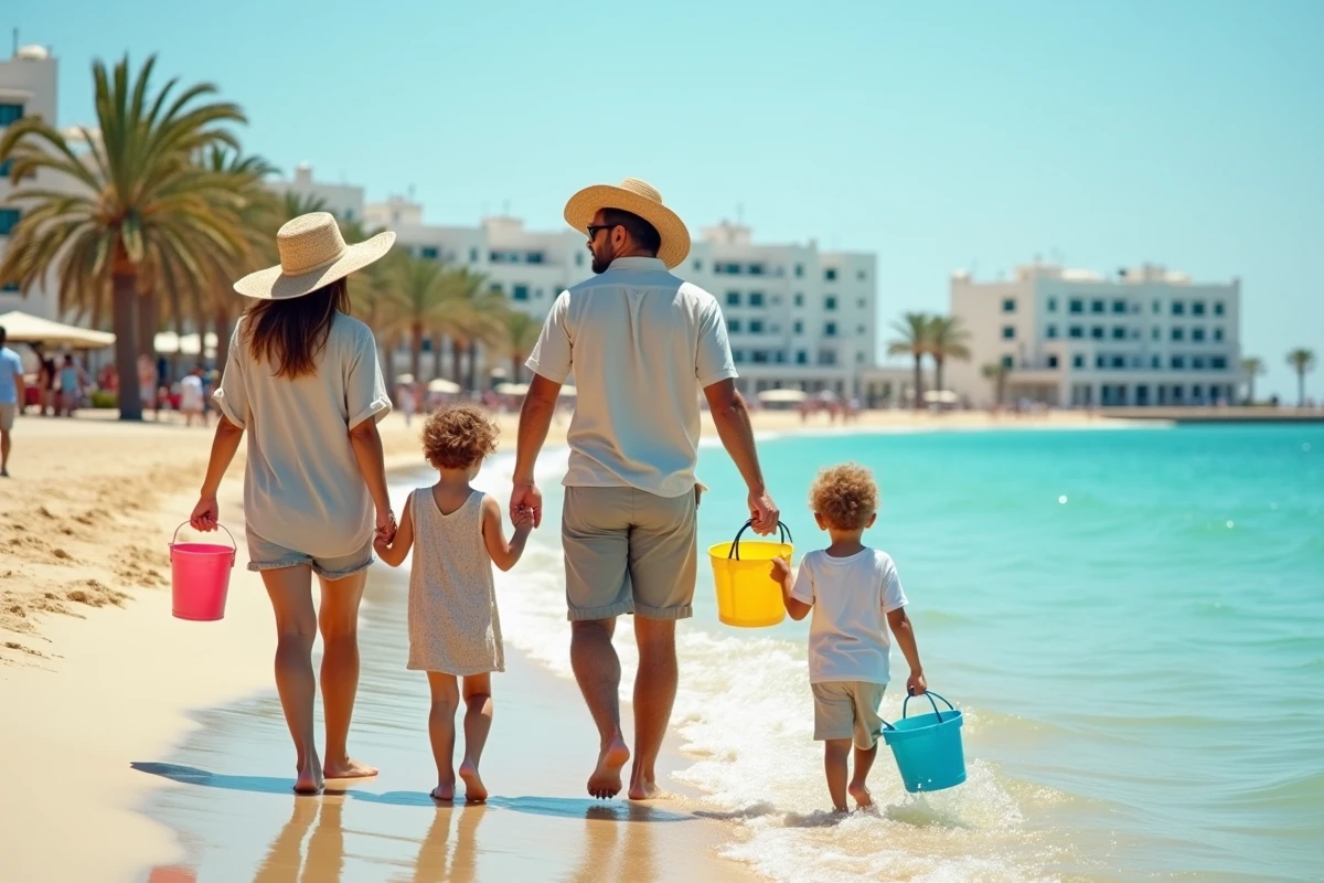 Famille tunisienne se promenant pieds nus sur une plage méditerranéenne à proximité d'une station balnéaire en Tunisie