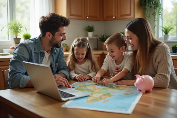 Famille planifiant un voyage pas cher à l'étranger autour d'une table avec carte et ordinateur portable